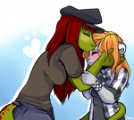 anthro black_nose blonde_hair blush bottomwear breasts clothed clothing duo female female/female fur grey_body grey_fur hair hat headgear headwear heart_symbol kissing pants red_hair shirt spots standing tail topwear whiskers strawberryneko chloe_(chloe.hydraconis) neko_(strawberryneko) felid lizard mammal reptile scalie