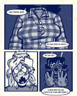 anthro blush blush_lines bodily_fluids breasts clothed_breasts dialogue dog_tags duo ear_piercing ear_ring female flannel_shirt freckled_face freckles hair jewelry male necklace nipple_outline piercing ring_piercing shocked simple_background speech_bubble surprised_face sweat sweatdrop sexylinguini deltarune undertale undertale_(series) asriel_dreemurr dess_holiday bovid caprine deer goat mammal new_world_deer reindeer absurd_res comic digital_media_(artwork) halftone hi_res monochrome