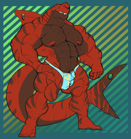 abs anthro belly_hair biceps big_muscles body_hair bulge calf_muscles chest_hair clothing deltoids facial_piercing forearm_muscles furgonomic_piercing furgonomics huge_muscles male muscular muscular_male navel nipple_piercing nipples nose_piercing nose_ring pecs piercing quads red_body ring_piercing septum_piercing septum_ring sharp_teeth solo tail tail_piercing teeth trapezius underwear halftonhalfshell aquatic fish shark hi_res