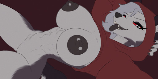 abs anthro areola bangs barbell_piercing big_breasts breasts clothed clothing eyelashes female fur genitals hair hand_behind_head hoodie long_eyelashes looking_at_viewer nipple_dip nipple_piercing nipples nude piercing red_sclera simple_background solo tail teeth topwear vulva white_body white_fur alex_artist hellaverse helluva_boss mythology loona_(helluva_boss) canid canid_demon canine canis demon hellhound mammal mythological_canine mythological_creature absurd_res digital_media_(artwork) hi_res