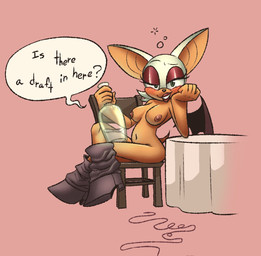 anthro areola bat_wings black_nose black_wings bottle breasts clothing container dialogue drunk eyelashes eyeshadow female footwear footwear_only front_view fur green_eyes grey_clothing grey_footwear grey_shoes holding_bottle holding_container holding_object looking_at_viewer makeup membrane_(anatomy) membranous_wings mostly_nude navel nipples nude orange_body orange_fur pink_areola pink_background pink_eyeshadow pink_nipples shoes shoes_only simple_background sitting smile solo speech_bubble string substance_intoxication talking_to_viewer text unraveled_clothes white_body white_fur wings brapplesauce sega sonic_the_hedgehog_(series) rouge_the_bat bat mammal