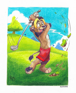 anthro arm_tuft black_hair black_pawpads blonde_hair blue_sky bottomwear brown_body brown_fur clothed clothing cloud elbow_tuft fangs fur glistening glistening_eyes golf grass green_eyes hair logo male multicolored_hair open_mouth outside pawpads plant red_bottomwear red_clothing red_shorts shorts sky solo sport standing tail tail_tuft teeth tongue tongue_out topless tuft two_tone_hair young young_anthro young_male pandapaco felid lion mammal pantherine 2018 artist_logo dated signature