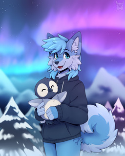 ambiguous_feral ambiguous_gender anthro aurora_(phenomenon) beak black_eyebrows blue_body blue_eyes blue_fur blue_hair bottomless cheek_tuft clothed clothing curled_tail duo eyebrows facial_tuft feral fur hair holding_another hoodie hoodie_only inner_ear_fluff larger_anthro looking_up male male_anthro medium_hair night open_mouth open_smile plant raised_eyebrows size_difference sky smaller_feral smile snow snowflake_marking star starry_sky tail teeth topwear topwear_only tree tuft fleurfurr avian bird canid canine fox mammal penguin hi_res