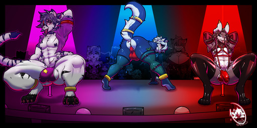 anthro balls big_butt big_penis bulge butt clothing genitals group looking_at_viewer male penis tongue tongue_out trio underwear nighty_stripes koretak nekoshinymoon yamido domestic_cat felid feline felis lagomorph leporid mammal pantherine rabbit tiger 2:1 absurd_res hi_res
