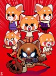 angry anthro black_eyes blush bottomwear claws clothing coat electronics female finger_claws fur glowing glowing_eyes microphone motion_lines no_pupils orange_body orange_fur red_background running scarf sharp_teeth simple_background skirt solo teeth topwear work_uniform wazzaldorp aggretsuko sanrio retsuko ailurid mammal red_panda 2023 absurd_res hi_res