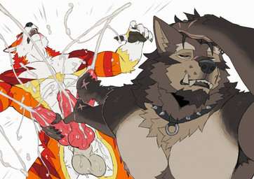 abs animal_genitalia animal_penis anthro balls blush bodily_fluids canine_genitalia canine_penis chest_tuft collar cum duo excessive_cum excessive_genital_fluids genital_fluids genitals handjob looking_pleasured male male/male muscular muscular_anthro muscular_male nipples nude penile penis sex spiked_collar spikes tuft rossciaco jujutsu_kaisen naoya_hair_flip bruno_(rossciaco) crowvy canid canine canis mammal wolf hi_res meme
