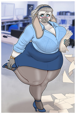 5_fingers accessory anthro big_breasts blue_eyes blush border bottomwear bra_through_clothing breasts cleavage clock clothed clothing curvy_figure eyebrows eyelashes female fingers footwear fur grey_body grey_fur grey_hair hair hair_accessory hairband high_heels huge_breasts legwear long_ears overweight overweight_anthro overweight_female pantyhose raised_leg shoes skirt solo standing teeth thick_thighs translucent translucent_clothing voluptuous watch white_border wide_hips mr.pink lagomorph leporid mammal rabbit hi_res