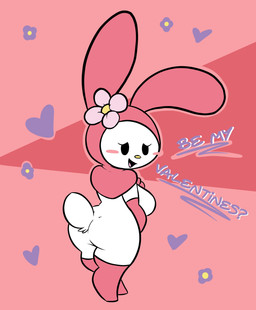 accessory anthro armwear big_breasts black_eyes blush breasts butt clothed clothing dialogue elbow_gloves eyelashes female flower flower_on_head gloves handwear headgear heart_symbol holidays hood legwear looking_at_viewer looking_back open_mouth pink_background plant simple_background smile solo tail text thick_thighs thigh_highs white_body shinkaku onegai_my_melody sanrio valentine's_day my_melody lagomorph leporid mammal rabbit 2026 digital_drawing_(artwork) digital_media_(artwork) english_text hi_res
