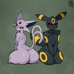 anthro anthrofied big_butt black_body black_fur breasts butt duo female forehead_gem fur gem markings nude pokemorph purple_body purple_fur rear_view simple_background tail thick_thighs yellow_markings rodd.y nintendo pokemon canid eeveelution espeon generation_2_pokemon mammal pokemon_(species) umbreon 1:1 hi_res