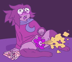 3_toes ambiguous_gender anthro blissful_mouth bloom blush bodily_fluids book botanical_genitalia clothed clothing colored_cum comic_book cum drooling elemental_manipulation eyes_closed eyewear feet floral_genitalia flower flower_(anatomy) flower_penis flower_pussy fur genital_fluids genitals glasses hair heart_symbol leaf leaf_(anatomy) looking_at_porn magazine masturbation nerd one_eye_closed open_mouth orgasm orgasm_face pantsless paws plant plant_manipulation plant_penis plant_vulva plantigrade pollen pollination ponytail porn_magazine pornography purple_body purple_clothing purple_flower purple_fur purple_hair round_glasses saliva slightly_chubby solo toes topwear unusual_anatomy unusual_bodily_fluids unusual_cum unusual_genital_fluids unusual_genitalia yellow_cum claustrophile deltarune undertale_(series) mad_mew_mew pink_(deltarune) seth_(deltarune) elemental_creature elemental_humanoid flora_fauna flower_creature flower_humanoid humanoid plant_humanoid hi_res nonbinary_(lore)