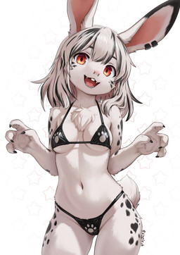 4_fingers alternative_fashion amber_eyes anthro bikini black_bikini black_claws black_clothing black_ear_tips black_highlights black_spotted_fur black_swimwear breasts buckteeth camel_toe chest_tuft claws cleavage clothed clothing dipstick_ears ear_markings ear_piercing facial_piercing fangs female fingers footprint fur genital_outline goth hair heart_(marking) heart_symbol highlights_(coloring) kemono looking_at_viewer markings multicolored_body multicolored_ears navel nose_piercing open_mouth open_smile pawprint pawprint_(marking) pawprint_bikini piercing pink_inner_ear pink_nose pink_tongue shoulder_length_hair simple_background smile solo star_decoration swimwear teeth tongue tuft two-piece_swimsuit vulva_outline white_body white_fur white_hair sinelesh lagomorph mammal 2025 portrait three-quarter_portrait