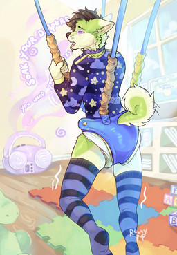 anthro block bodily_fluids boombox clean_diaper clothed clothing diaper diaper_package drooling genital_fluids half-closed_eyes humanoid_hands hypnosis hypnotic_eyes inside legwear male mind_control narrowed_eyes nursery onesie pattern_clothing pattern_legwear pattern_stockings plushie saliva solo stockings striped_clothing striped_legwear striped_stockings stripes text tongue tongue_out wearing_diaper lexxypawz toxicpup_(character) canid canine canis domestic_dog husky mammal nordic_sled_dog spitz 2025 english_text hi_res signature