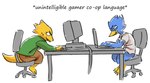 anthro bad_posture barefoot beak blue_body blue_feathers bodily_fluids bottomless bottomwear breasts buckteeth chair clothed clothing computer crt duo electronics eyewear feathers feet female fully_clothed furniture gaming glasses humor jacket keyboard laptop leaning leaning_forward monitor narrowed_eyes non-mammal_breasts office_chair open_mouth open_smile pants scales shirt side_view simple_background sitting smile sweat table tail talons teeth text thick_tail toes topwear winged_arms wings yellow_body yellow_scales coalbones deltarune undertale_(series) alphys berdly avian bird blue_jay corvid jay_(bird) lizard new_world_jay oscine passerine reptile scalie english_text