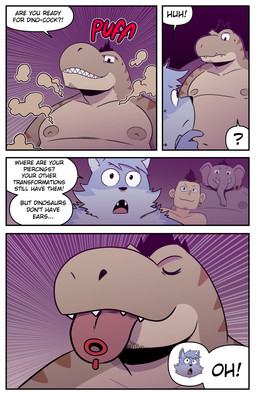 4_panel_comic anthro black_hair brown_body confusion cute_fangs dialogue duo ear_piercing earhole eyes_closed fangs fur grey_body grey_fur hair hand_under_chin male male/male navel nipples non-mammal_hair non-mammal_navel non-mammal_nipples offering_sex open_mouth overbite piercing proboscis_(anatomy) question_mark shocked smoke_cloud species_transformation speech_bubble teeth text tongue tongue_out tongue_piercing transformation trunk_(anatomy) underbite t0l0k chris_(t0l0k) taiyo_(t0l0k) canid canine canis dinosaur elephant elephantid human mammal prehistoric_species proboscidean reptile saurischian scalie theropod tyrannosaurid tyrannosauroid tyrannosaurus tyrannosaurus_rex wolf comic english_text hi_res multiple_scenes