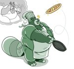 anthro apron belly big_belly chef_hat clothing cookware food frying_pan green_body hat headgear headwear kitchen_utensils male open_mouth overweight overweight_male pizza simple_background solo surprise tools runxforest canid canine mammal raccoon_dog tanuki 2024