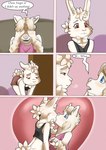 absurd_res alpaca anthro bedroom bedroom_eyes blood blue_eyes blush bodily_fluids camelid clothed clothing comic dialogue duo embarrassed english_text eye_contact female female/female heart_symbol hi_res kiss_on_lips kissing lagomorph leporid liryal looking_at_another looking_at_viewer mammal narrowed_eyes prairie_(liryal) rabbit red_eyes seductive text tilcara_(liryal) young