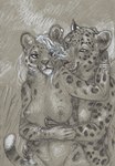 anthro areola bracelet_only breasts cuddling duo eye_contact female hug jewelry looking_at_another male male/female nipples simple_background cadmiumtea felid leopard mammal pantherine snow_leopard graphite_(artwork) hi_res monochrome sepia traditional_media_(artwork)