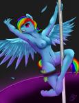 2015 absurd_res accessory anthro anthrofied areola blue_body blue_feathers breasts clothed clothing dancing equid equine feathered_wings feathers female friendship_is_magic garter genitals hair hasbro hi_res long_hair mammal money multicolored_hair multicolored_tail my_little_pony mythological_creature mythological_equine mythology nipples nude open_mouth pegasus pole pole_dancing pussy rainbow_dash_(mlp) rainbow_hair rainbow_tail smile solo stripper tail thehashbaron topless wings