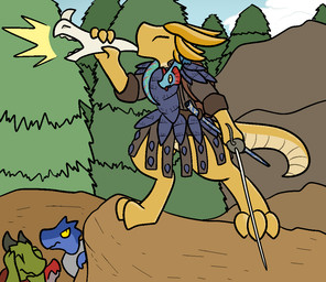 annoyed anthro armor bard bone claws clothed clothing group horn male melee_weapon plant rock skull sword tail tree weapon trout_(artist) mythology dragon fairy_dragon kobold mythological_creature mythological_scalie reptile scalie 2016 aliasing digital_media_(artwork)