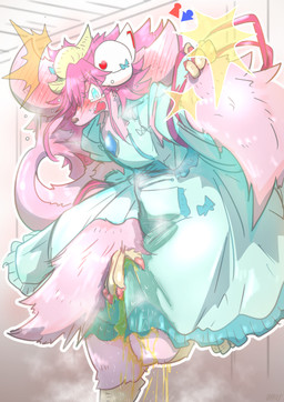 accident anthro big_ears blue_eyes blush bodily_fluids clothed clothing colored_nails costume curled_horn desperation embarrassed female fur genital_fluids hair horn machine nails omorashi open_mouth peeing pink_body pink_fur pink_hair red_nails solo urine wetting mttbsmn muse_meant_777 animatronic dragonewt robot absurd_res hi_res
