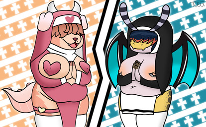 anthro belly big_breasts breasts duo female happy horn huge_breasts nipple_piercing nipples nun nun_outfit overweight overweight_anthro overweight_female piercing praying praying_hands slightly_chubby tail thick_thighs wings tunrix_canrio zenya_(sualfang) canid canine gastropod mammal mollusk slug hi_res