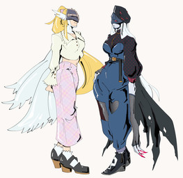 armor big_breasts blonde_hair breasts clothed clothing duo feathered_wings feathers female footwear gloves hair handwear headgear helmet long_hair not_furry red_eyes shoes simple_background white_hair wings karina_farek bandai_namco digimon angel angewomon demon demon_humanoid digimon_(species) humanoid ladydevimon digital_media_(artwork)