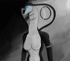 anthro black_arms black_body blue_eyes breasts eyelashes featureless_breasts female glowing glowing_eyes looking_forward medium_breasts mouth_closed nude pupils scales simple_background snake_hood solo standing ventral_scales white_body white_breasts white_sclera leprzil laura_(leprzil) 2022 digital_media_(artwork)