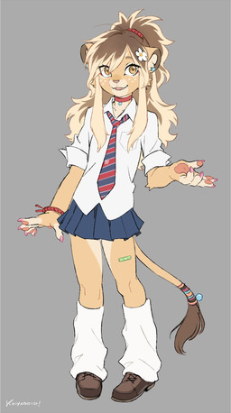 5_fingers accessory adolescent adolescent_anthro anthro arm_tuft asian_clothing band-aid band-aid_on_leg bandage bangs biped blue_bottomwear blue_clothing blue_ear_piercing blue_jewelry blue_necktie blue_pendant blue_piercing blue_skirt blue_stripes bottomwear bracelet brown_clothing brown_ears brown_eyebrows brown_eyes brown_footwear brown_hair brown_pupils brown_shoes brown_tail_tuft brown_tuft cheek_tuft choker claws clothed clothed_anthro clothed_male clothing collared_shirt colored_claws countershade_face countershade_legs countershade_neck countershade_torso countershading crossdressing crossdressing_male cute_fangs dress_shirt ear_piercing ear_stud east_asian_clothing elbow_tuft eye_markings eyebrows eyelashes eyelashes_through_hair facial_markings facial_tuft fangs femboy finger_claws fingerless_(marking) fingerpads fingers flower flower_in_hair footwear front_view fully_clothed fully_clothed_anthro fully_clothed_male fur fur_markings fur_tuft furgonomics grey_background grey_necktie grey_stripes hair hair_accessory head_markings humanoid_hands inner_ear_fluff iris japanese_clothing japanese_school_uniform jewelry kemono long_hair long_tail looking_at_viewer male male_adolescent male_anthro markings monotone_background monotone_bottomwear monotone_choker monotone_clothing monotone_footwear monotone_shirt monotone_skirt monotone_socks monotone_topwear multicolored_body multicolored_ears multicolored_eyes multicolored_fur multicolored_hair multicolored_necktie necklace necktie one_fang open_mouth open_smile pattern_necktie pawpads pendant piercing pigeon_toed pink_claws pink_nose pink_pawpads plant plantigrade pleated_skirt pupils red_bracelet red_choker red_jewelry red_necklace red_necktie red_stripes school_uniform shirt shoes sidelocks simple_background skirt slim slim_anthro slim_male smile smiling_at_viewer socks solo spots spotted_markings standing striped_necktie stripes tail tail_accessory tail_tuft tan_body tan_countershading tan_fingers tan_fur tan_hair tan_inner_ear tan_inner_ear_fluff tan_markings tan_spots tan_tuft teeth text topwear translucent translucent_hair tuft two_tone_body two_tone_ears two_tone_eyes two_tone_fur two_tone_hair uniform white_clothing white_flower white_footwear white_sclera white_shirt white_socks white_topwear yellow_body yellow_ears yellow_eyes yellow_fur yellow_tail yellow_tuft young young_anthro young_male koiyaroid femboy_lion_(koiyaroid) felid lion mammal pantherine 2026 artist_name digital_media_(artwork) english_description full-length_portrait hi_res portrait signature