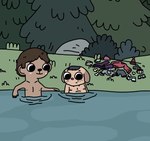 anthro belly blush clothing duo embarrassed forest freckled_face freckles fur hair male male/male nipples nude plant skinny_dipping smile tree water young aussiecuno cartoon_network summer_camp_island canid canine haplorhine mammal monkey primate hi_res