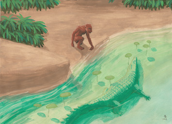 ambiguous_gender crouching dirt duo feral lily_pad looking_at_another plant underwater water watering_hole loneturret archaic_human crocodile crocodilian hominin homo_habilis mammal primate reptile scalie 2025 absurd_res hi_res painting_(artwork)