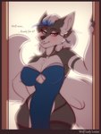 anthro blue_eyes blush breasts clothed clothing dress ear_piercing facial_piercing feather_ear_ring female fur grey_body grey_fur hair lip_piercing piercing smile solo text white_hair wolfladylouise kida_howlette_(character) canid canine canis mammal wolf 3:4 english_text hi_res