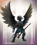 anthro beak black_eyes clothing feathers gradient_background gun male military military_clothing military_helmet military_uniform pouch_(anatomy) pouch_purse ranged_weapon red_cross rifle simple_background solo switzerland uniform weapon wings world_war_2 thepimpartist mythology griphass avian gryphon mythological_avian mythological_creature 2018 hi_res traditional_media_(artwork)