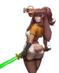 2023 anthro blue_eyes breasts brown_body brown_fur brown_hair butt clothed clothing dual_wielding duo eyebrows eyelashes female floppy_ears fur green_lightsaber hair hi_res holding_object holding_weapon lagomorph lepi leporid lightsaber long_ears looking_at_viewer looking_back looking_back_at_viewer lop_(star_wars_visions) machine mammal medium_breasts melee_weapon narrowed_eyes neck_tuft ponytail rabbit robot sanny scut_tail short_tail side_boob simple_background star_wars star_wars_visions tail tan_body tan_fur td-4 tuft weapon white_background