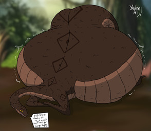ambiguous_gender apode ass_up belly big_belly brown_arms brown_body brown_butt butt huge_belly jack-o'_pose legless looking_at_viewer overweight pose serpentine solo speech_bubble text yauhasart mboi_(yauhasart) draconcopode naga reptile scalie snake 2025 english_text flat_colors hi_res watermark