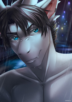 anthro black_hair blue_eyes detailed_background ear_piercing ear_ring eyebrows eyelashes hair male night outside piercing raining ring_piercing solo lesspie mythology dragon mythological_creature mythological_scalie scalie 2021 bust_portrait digital_media_(artwork) hi_res portrait