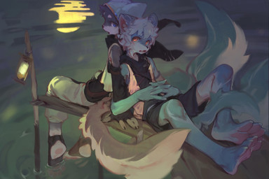 anthro barefoot black_bottomwear black_clothing black_shorts black_topwear blue_body blue_eyes blue_fur blue_tail bottomwear clothed clothing duo feet fur grey_body grey_fur grey_tail hair hood kemono lamp lantern male messy_hair moon night open_mouth orange_eyes pants pawpads pink_pawpads reclining reflection short_hair shorts sitting tail topwear water white_body white_bottomwear white_clothing white_fur white_hair white_pants white_tail young young_anthro young_male carbonizedaki canid canine mammal hi_res