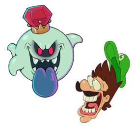 ambiguous_gender big_tongue blue_tongue brown_hair bulging_eyes clothing crown disembodied_head duo facial_hair green_clothing green_headwear hair headgear headwear humor male not_furry red_eyes royalty scared simple_background teeth tongue tongue_out white_background acstlu luigi's_mansion mario_bros nintendo king_boo luigi boo_(mario) ghost human mammal spirit digital_media_(artwork)