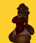 anthro breasts cheek_piercing clothing dark dimple_piercing dress female gloves handwear piercing solo thick_thighs icedlattensfw_(artist) mocha canid canine canis domestic_dog mammal 5:6 absurd_res hi_res