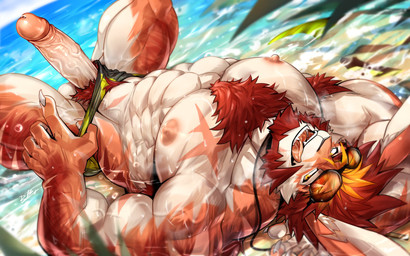 anthro armpit_hair balls barazoku beach beard big_muscles big_pecs big_penis bodily_fluids body_hair chest_hair chest_scar claws eyewear eyewear_on_head facial_hair finger_claws foreskin genital_fluids genitals glans hand_behind_head happy_trail humanoid_genitalia humanoid_penis licking licking_lips looking_at_viewer lying male manly muscular muscular_anthro muscular_male partially_submerged pecs penis plant precum pubes retracted_foreskin scar sea seaside solo speedo_aside sunglasses sunglasses_on_head tongue tongue_out vein veiny_penis water rabbity ren_(rabbity) lagomorph leporid mammal rabbit absurd_res hi_res