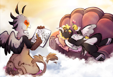 beak duo feet female furniture hooves male painting_(object) posing_for_picture tail tail_motion tailwag talons toes wings torrid european_mythology greek_mythology hasbro my_little_pony mythology ping_wing tsavo_(character) avian gryphon hippogriff hybrid mythological_avian mythological_creature absurd_res hi_res