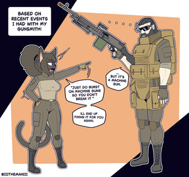 airsoft_gun anthro armor beard black_nose breasts clothed clothing dialogue duo eyewear facial_hair female fingerless_gloves footwear fur gesture glasses gloves grey_hair gun hair hand_gesture handwear holding_object male pointing pointing_at_another ranged_weapon speech_bubble standing text weapon the_man sia_(the_man) the_man_(character) felid human mammal 2026 absurd_res english_text hi_res
