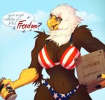 abs american_flag american_flag_bikini anthro beak beverage_can bikini box breasts brown_body brown_feathers claws clothing container dialogue eyewear feathers female flag_bikini holidays non-mammal_breasts scuted_arms scutes solo speech_bubble sunglasses swimwear two-piece_swimsuit united_states_of_america mabyn 4th_of_july american_eagle accipitrid accipitriform avian bald_eagle bird eagle sea_eagle hi_res