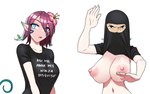 areola big_breasts blue_eyes breasts clothed clothing clothing_lift disguise exposed_breasts female flower hair horn markings navel nipples open_mouth plant red_hair shirt shirt_lift solo t-shirt text topwear vine_tail furball sei'ven alien dryad dryakui elf humanoid nokuri 2023 hi_res meme