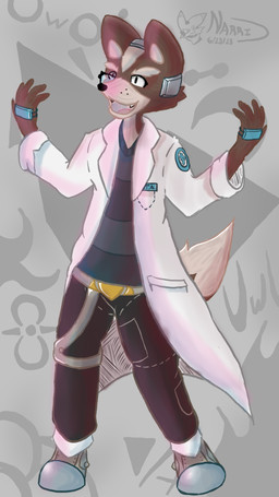 anthro belt belt_buckle bottomwear brown_body brown_fur buckle clothing coat denim denim_bottomwear denim_clothing fur jeans lab_coat male metallic_body pants pattern_clothing pockets science simple_background solo standing striped_clothing stripes tail topwear yumuyumu nintendo star_fox super_smash_bros. fox_mccloud canid canine fox mammal 9:16 hi_res shaded