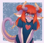 anthro bangs blue_clothing blue_eyes blue_shirt blue_topwear blush border bottomless clothed clothing female hair heart_symbol horn inner_ear_fluff looking_at_viewer orange_hair outside_border pattern_background purple_body purple_scales scales shirt simple_background solo tail topwear tuft white_border white_inner_ear_fluff onomari mythology dara_(onomari) dragon mythological_creature mythological_scalie scalie artist_name half-length_portrait hi_res portrait nonbinary_(lore)