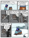 ambiguous_gender anthro beak bodily_fluids crying dialogue group hug humor male outside snow speech_bubble tears text winter nedroid beartato reginald_(nedroid) avian bear bird mammal 2011 comic english_text