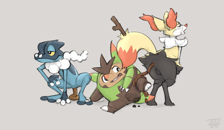ambiguous_gender ambiguous_pooping anthro anus arm_tuft balls black_body black_fur blue_body brown_body butt claws dipstick_ears dipstick_tail ear_markings enjoying_the_go feces feces_on_body feces_on_ground feces_on_leg feces_pile fur genitals green_body grey_background group half-closed_eyes inner_ear_fluff male male_pooping markings multicolored_ears narrowed_eyes object_in_tail open_mouth orange_body orange_eyes orange_fur orange_inner_ear_fluff pooping pooping_on_another pooping_on_floor pooping_together scatplay shoulder_tuft simple_background stick stick_in_tail tail tail_markings teeth text trio tuft white_body white_fur yellow_body yellow_fur yellow_sclera jadeder nintendo pokemon braixen frogadier generation_6_pokemon pokemon_(species) quilladin 2026 artist_name dated hi_res