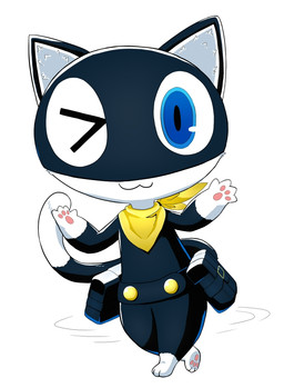 anthro belt black_body black_fur blue_eyes chibi dipstick_tail fur kerchief looking_at_viewer male markings mask one_eye_closed pawpads paws solo tail tail_markings white_body white_fur a_midnight_cat atlus megami_tensei persona_(series) persona_5 sega morgana_(persona) domestic_cat felid feline felis mammal tuxedo_cat