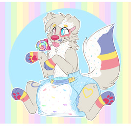 ambiguous_gender big_diaper blue_body blue_fur blue_tail candy clean_diaper clothed clothing cute_fangs dessert diaper diaper_only fangs feral floppy_ears food food_in_mouth fur gloves_(marking) grey_body grey_fur grey_tail heart_symbol heterochromia huge_diaper lollipop markings multicolored_body multicolored_fur multicolored_tail object_in_mouth pattern_background pawpads pink_inner_ear pink_nose rainbow rainbow_background red_body red_fur red_pawpads red_tail simple_background sitting smile solo sprinkles sprinkles_in_fur sprinkles_on_tail striped_background tail teeth tongue tongue_out topless wearing_diaper whisker_spots white_body white_fur yellow_body yellow_fur yellow_tail jupiters funfetti_(sanicgamer1999) canid canine canis domestic_dog mammal sprinkledog hi_res letterbox