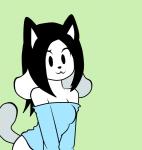 :3 anthro bare_shoulders black_hair breasts clothed clothing daww female fur green_background hair looking_at_viewer raised_tail shirt simple_background solo tail tail_motion tailwag topwear white_body white_fur mikathelemur undertale undertale_(series) temmie_(undertale) canid canine domestic_cat felid feline felis mammal monster tem 2016 2d_animation animated short_playtime